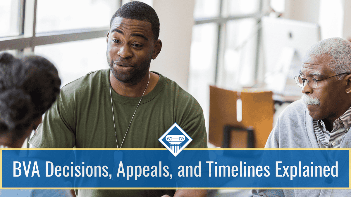 An image of a young man in dog tags talking to a woman across a table. An older man sits next to him. Over the bottom of the image is a blue banner reading that article title: BVA Decisions, appeals, and timelines explained