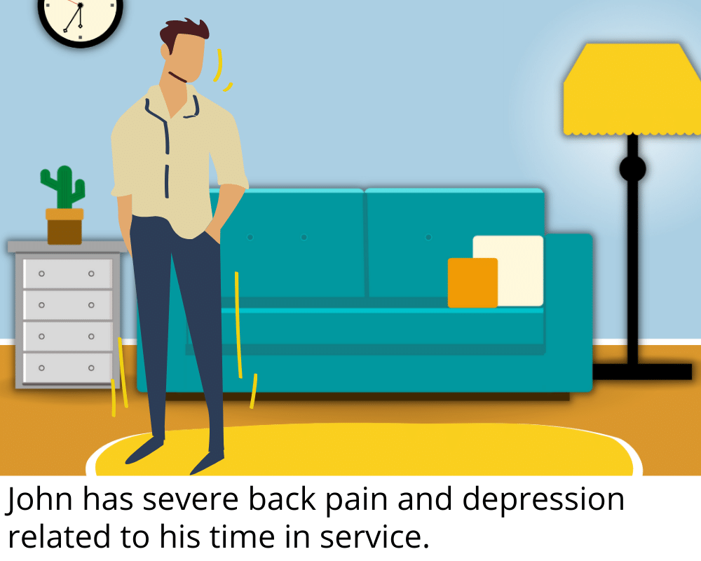 John has severe back pain and depression related to his time in service.