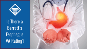A person's in a doctor garments with a stethoscope around their neck indicates to a stomach inflamed with acid. Over the image is a blue box reading the article title: Is there a Barrett's esophagus VA rating?