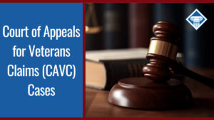 A judge's gavel sits next to a large book on a desk. Alongside the image is a blue box reading the article title: Court of Appeals for Veterans Claims (CAVC) cases