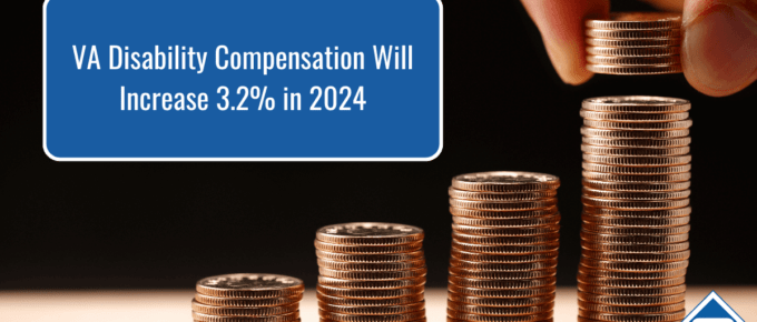 A stack of gradually increasing amounts of coins are stacked neatly on a table, with a hand in the upper right corner placing a few more to the last stack. Article title to the left: VA Disability Compensation will increase 3.2% in 2024