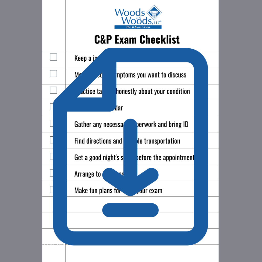 Picture of our C&P exam checklist with a download symbol in front of it. 