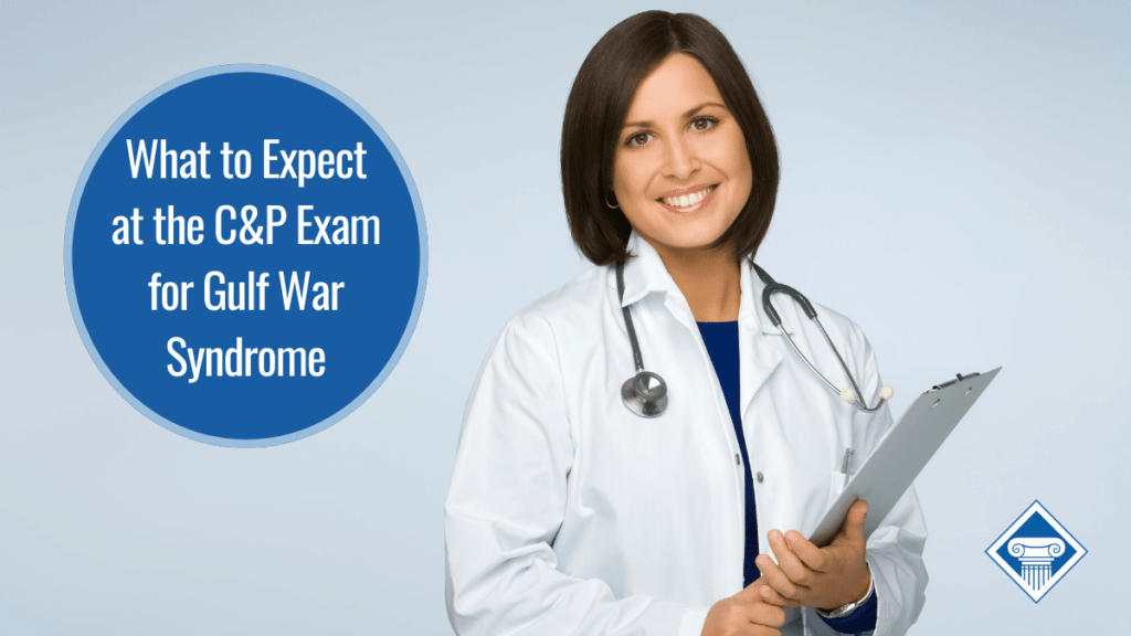 A doctor with shoulder-length brown hair holding a clipboard, wearing a stethoscope, and smiling. Over the image is a bubble reading the article title: What to expect at the C&P exam for Gulf War Syndrome