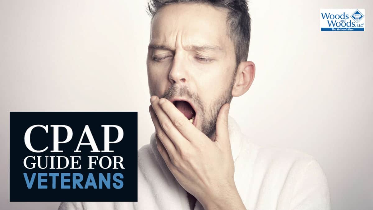 Picture of a guy yawning in a white shirt. Our title is. tothe left: CPAP guide for Veterans.