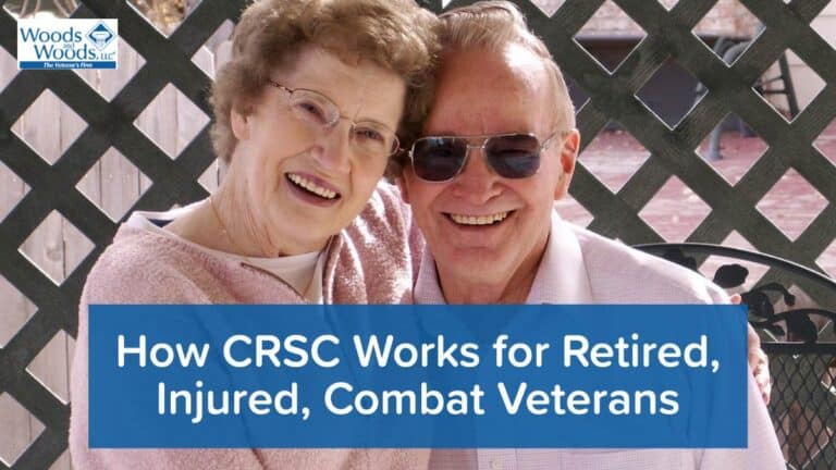 picture of a retired couple. The man is smiling with sunglasses on and his wife is sitting on his lap smiling big. Our Woods and Woods logo is in the top left and our title is at the bottom: How CRSC Works for Retired, Injured, Combat Veterans.