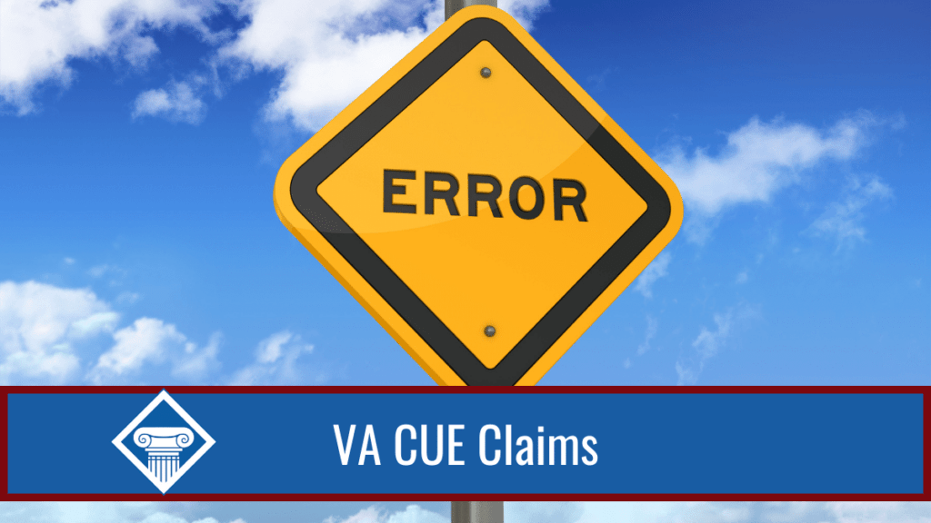A diamond-shaped yellow sign against a cloudy blue sky says "error." Over the image is a blue banner reading the article title: VA CUE claims