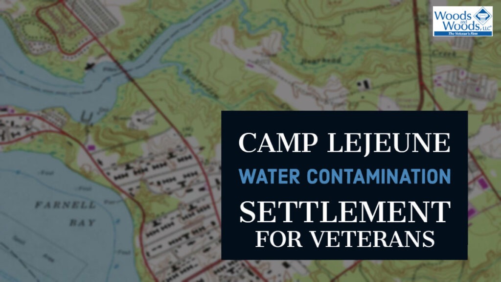 Picture of a dimmed map of Camp Lejeune . Article title is on the right: Camp Lejeune Water Contamination Settlement for Veterans