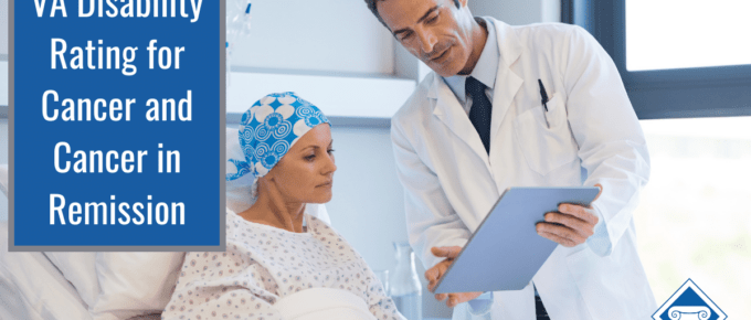 A woman in a blue head wrap sits in a hospital bed. A doctor with dark hair and a white coat on leans over to show her something on a clipboard. Over the image is the article title: VA disability rating for cancer and cancer in remission