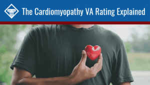 An image of a man in a green shirt holding a plastic heart up over his own heart. His head and lower body are not shown in the image. Along the top is a blue banner reading the article title: The cardiomyopathy VA rating explained