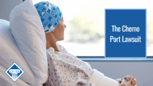 An image of a woman looking out of a window from her hospital bed. Article title to the left reads: The Chemo Port Lawsuit. The Woods & Woods logo is in the bottom, left corner.