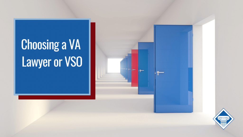 A hall full of blue doors all open with one red door in the middle. Over the image is a box reading the article title: Choosing a VA lawyer or VSO