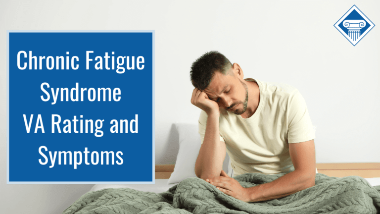 Picture of a man sitting on his bed with his legs crossed and a blanket on his lap. He has his head in his hand and his eyes are closed. Article title is to the left: Chronic Fatigue Syndrome VA Rating and Symptoms