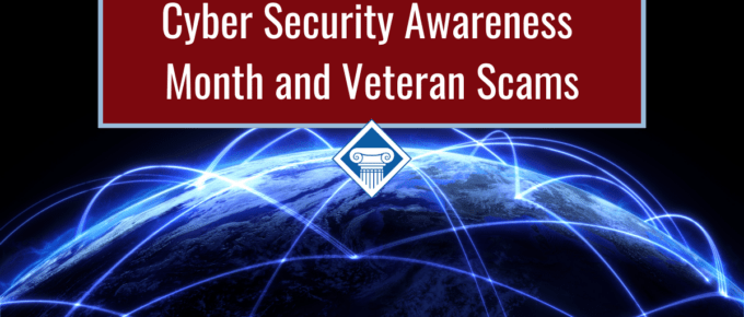 The top fourth of the globe occupies the bottom half of the photo, intersecting curved lines of light cover the globe to show internet connection. Article title in red at the top: Cyber Security Awareness Month and Veteran Scams