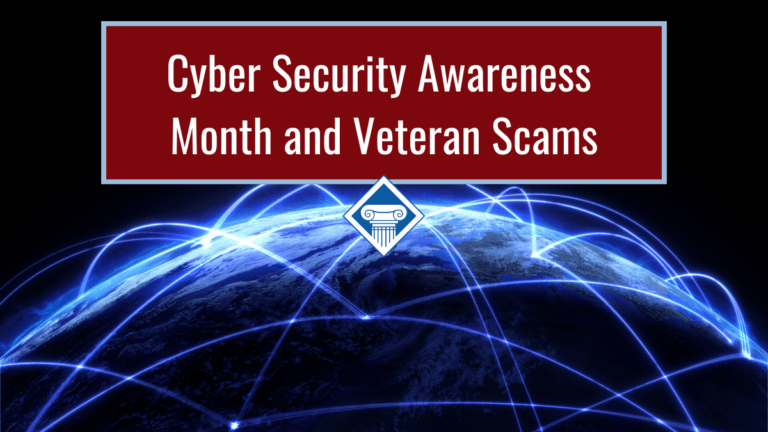 The top fourth of the globe occupies the bottom half of the photo, intersecting curved lines of light cover the globe to show internet connection. Article title in red at the top: Cyber Security Awareness Month and Veteran Scams