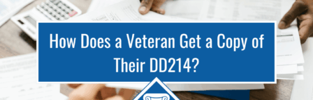 Photo of a person handing another person some files over a table. Article title is across the center of the photo: How Does a Veteran Get a Copy of Their DD214?