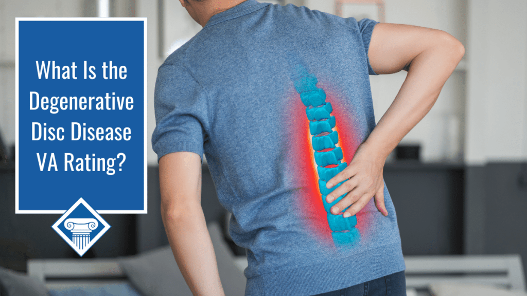 A person in a blue collared shirt holds their back with one hand. Their spine is glowing red, indicating pain. Over the image is a blue box reading the article title: What is the degenerative disc disease rating?