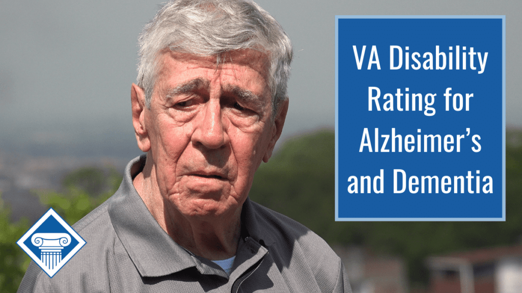 A man with silver hair and a grey collared shirt stands outside and looks away, unhappy. Over the image is the Woods and Woods logo and a blue box reading the article title: VA Disability for Alzheimer’s and Dementia
