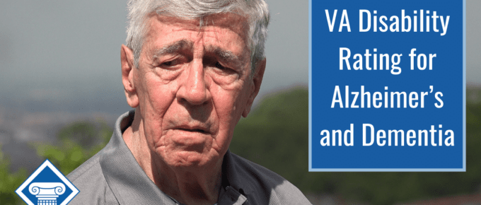 A man with silver hair and a grey collared shirt stands outside and looks away, unhappy. Over the image is the Woods and Woods logo and a blue box reading the article title: VA Disability for Alzheimer’s and Dementia