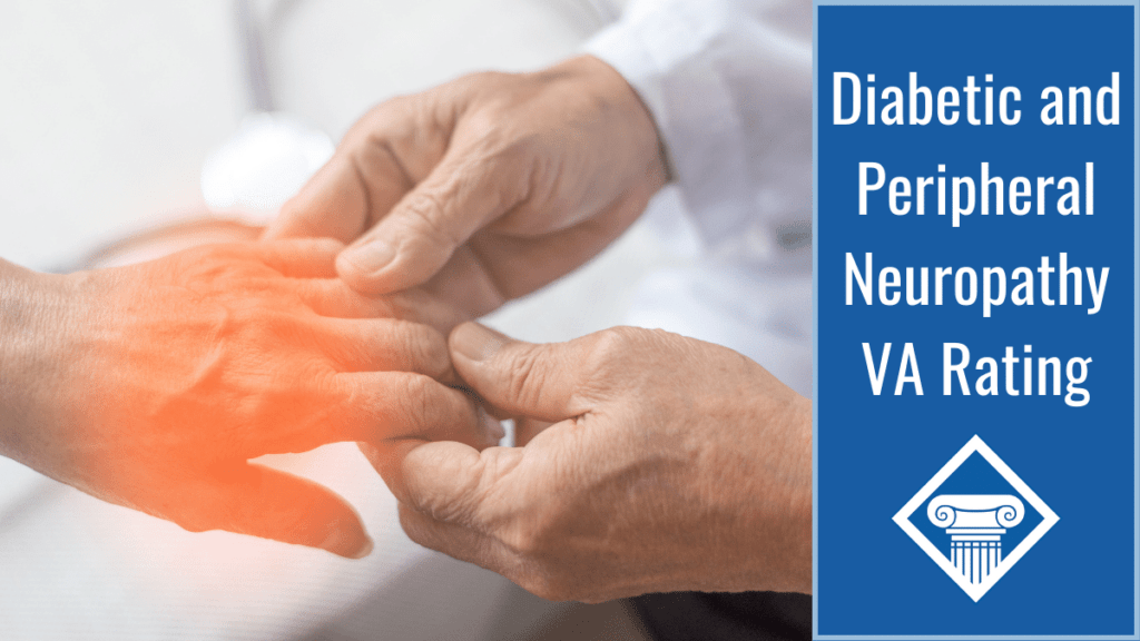 A doctor holds another person's hand which is tinted red to show they are in pain. Over the image is a banner with the Woods and Woods logo and the article title: diabetic and peripheral neuropathy VA rating