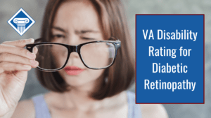 A woman holding her glasses far away from her face as se squints to see through a lens. Article title is on the right: "VA disability rating for diabetic retinopathy."