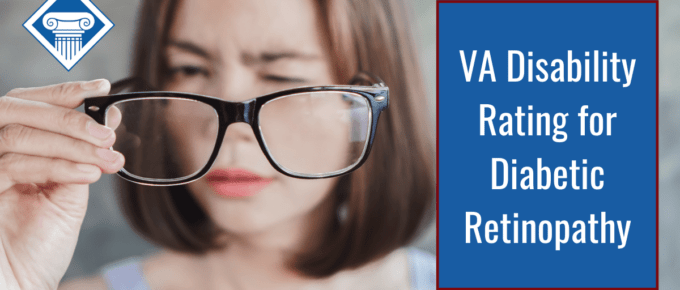 A woman holding her glasses far away from her face as se squints to see through a lens. Article title is on the right: "VA disability rating for diabetic retinopathy."