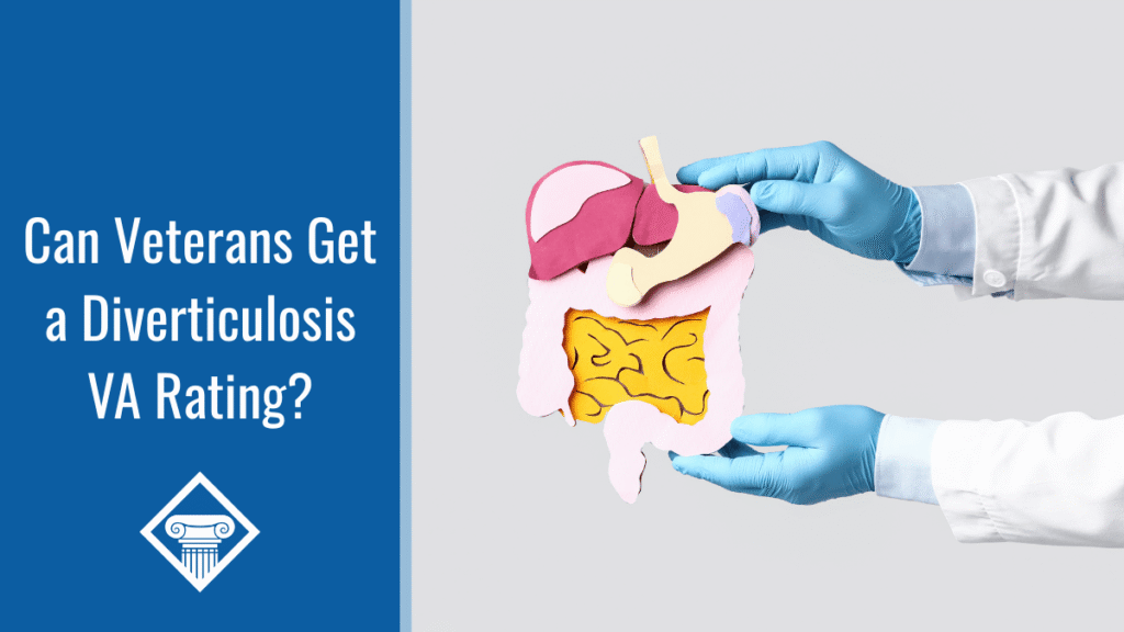 Photo of a doctor's arms in a lab coat wearing blue medical gloves reaching in from the right side holding a colorful cardboard diagram of the digestive system. Article title is to the left: Can Veterans Get a Diverticulosis VA Rating?