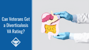 Photo of a doctor's arms in a lab coat wearing blue medical gloves reaching in from the right side holding a colorful cardboard diagram of the digestive system. Article title is to the left: Can Veterans Get a Diverticulosis VA Rating?