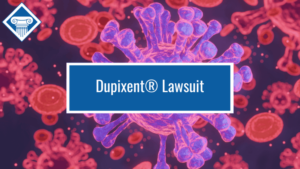 Image of a white blood cell surrounded by red blood cells with the Woods & Woods logo at the top left corner and the title of the article, "Dupixent Lawsuit" in the middle of the image in a blue box.