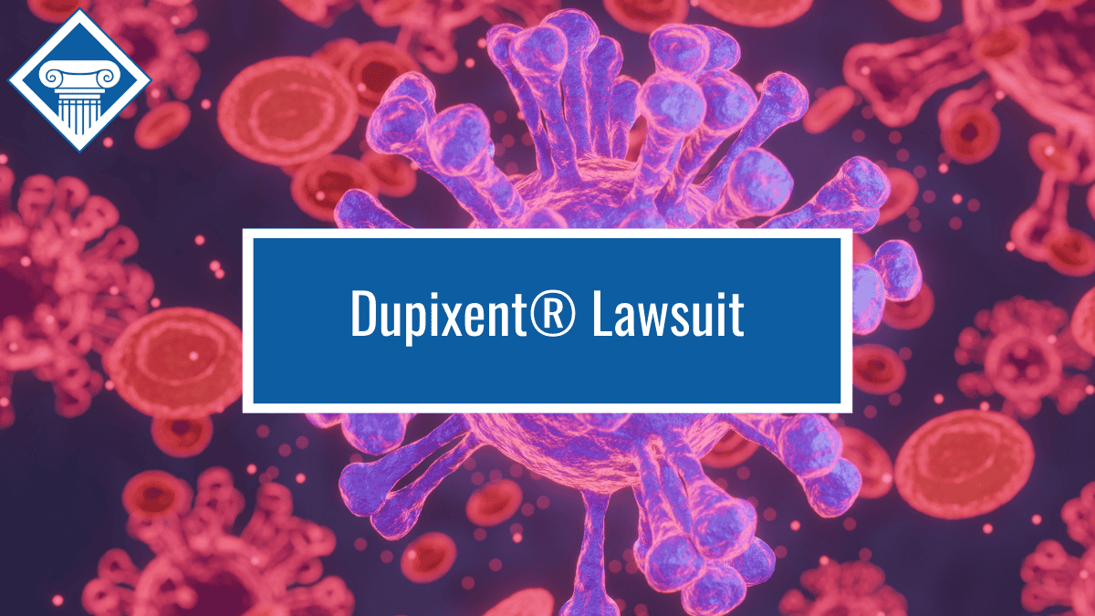 Image of a white blood cell surrounded by red blood cells with the Woods & Woods logo at the top left corner and the title of the article, "Dupixent Lawsuit" in the middle of the image in a blue box.
