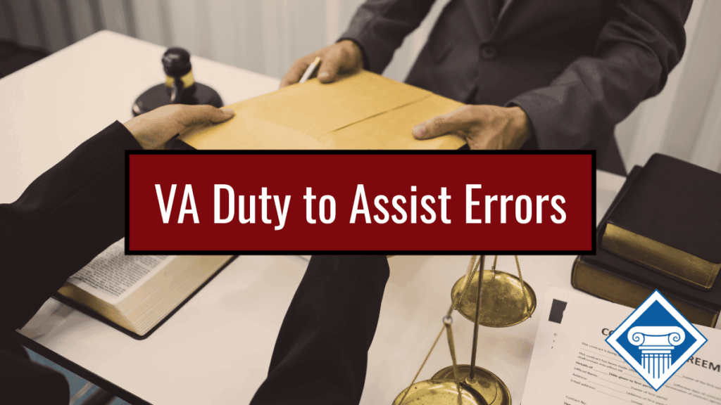 Photo of two people at a desk with one person handing the other a folder. Article title is across the middle: "VA Duty to Assist Errors"