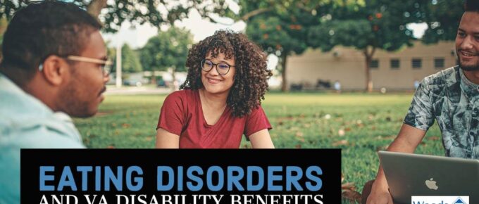 Group of three people sitting in the grass and laughing. A woman is in the middle and a man is sitting on each edge of the frame, one with a laptop. The article title is at the bottom: Eating Disorders and VA Disability Benefits. Woods and Woods logo is in the bottom right corner.