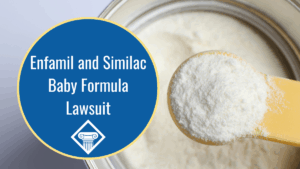 Image of a can of baby formula with a scoop full of formula. The title of the page reads, "Enfamil and Similac Baby Formula Lawsuit" in the middle of a blue circle.
