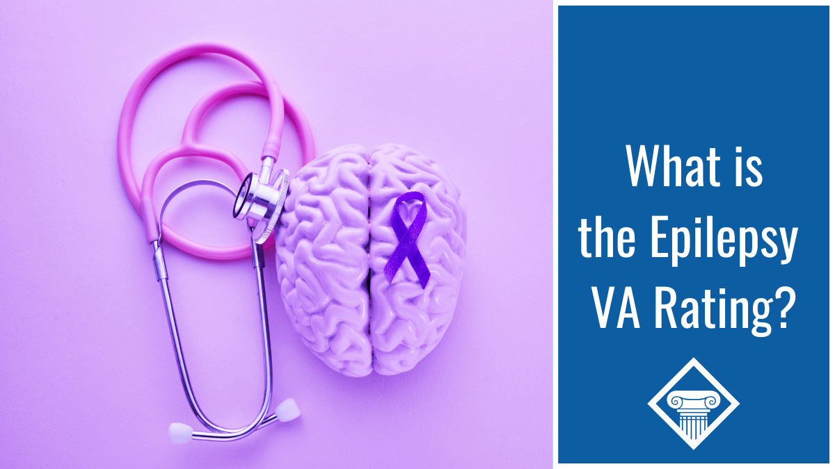 Photo of a purple stethoscope next to a fake purple brain with a purple epilepsy awareness ribbon on top. Article title is to the right: What is the epilepsy VA rating?