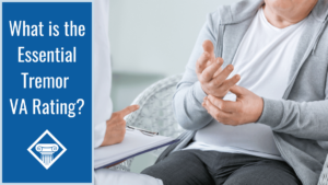A person wearing a grey outfit talks to a doctor and holds their own hand. Over the image is a blue box reading the article title: What is the essential tremor VA rating?