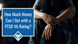 Photo of a person with long dark hair and jeans sitting on the ground in the dark with their arms over their knees. Article title is to the left: How Much Money Can I Get with a PTSD VA Rating?