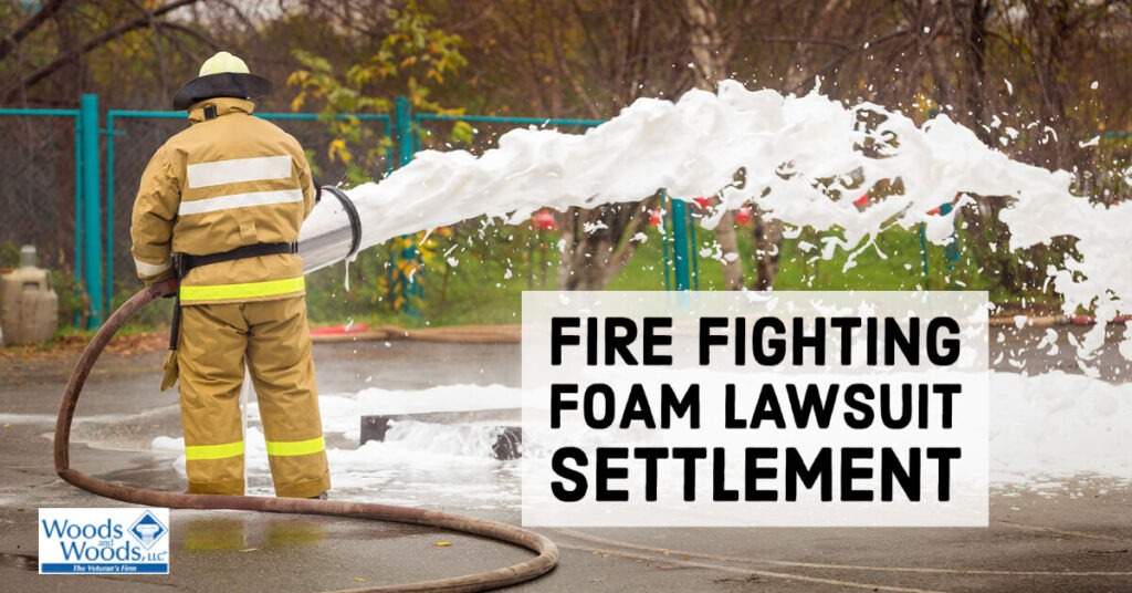 Picture of a firefighter using AFFF foam to practice putting out a fire. Our title is to the right: Fire Fighting Foam Lawsuit Settlement
