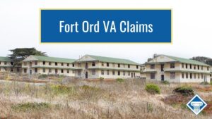 Picture of barracks at Fort Ord/ Article title is across the top of the photo: Fort Ord VA Claims