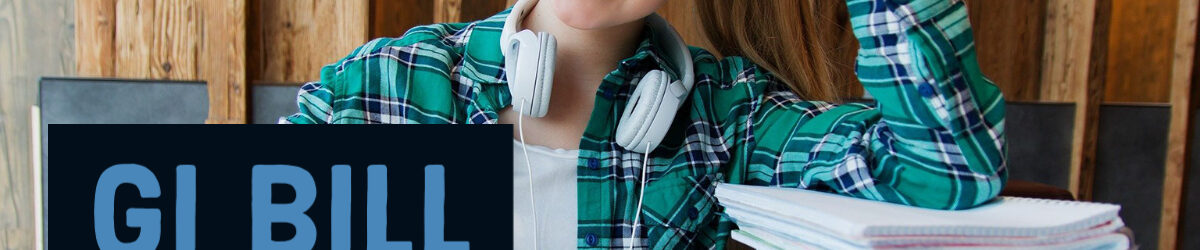 A woman in college happily studying among a bunch of books with headphones on her neck and our title is in front: GI Comparison Tool: Explanation and Examples