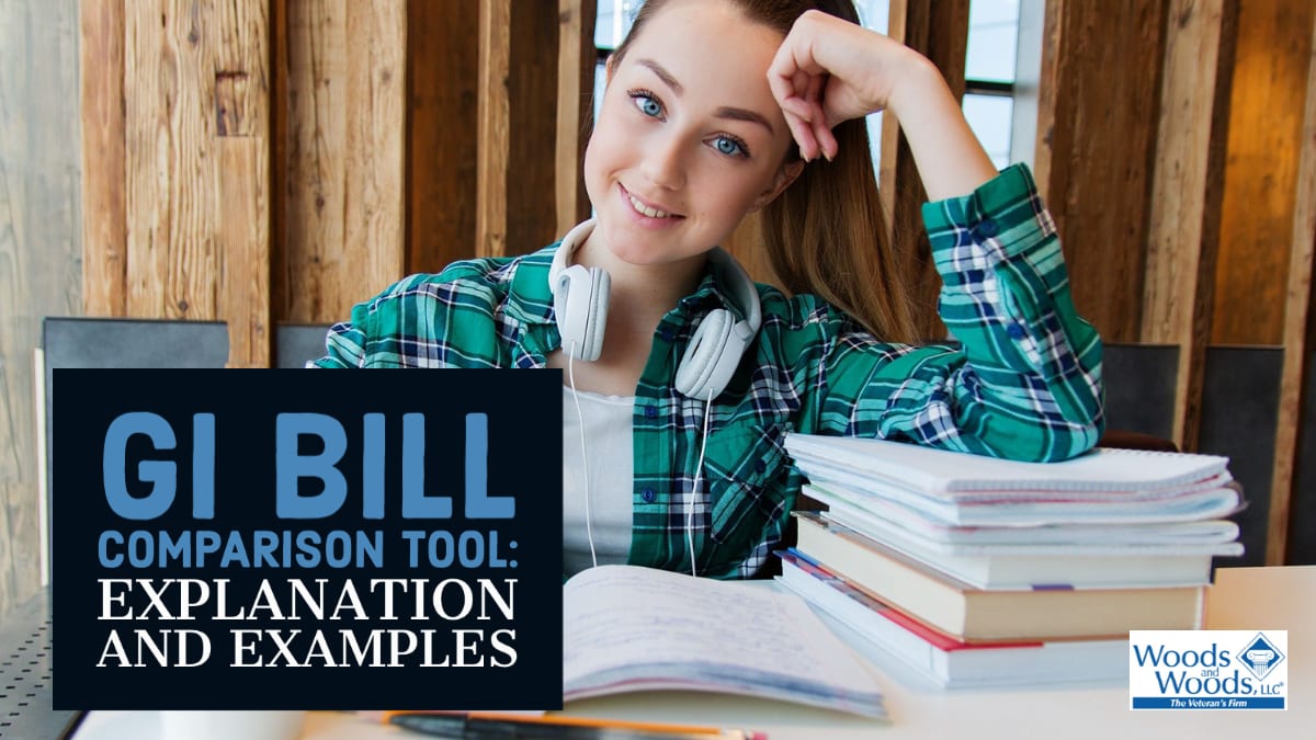 A woman in college happily studying among a bunch of books with headphones on her neck and our title is in front: GI Comparison Tool: Explanation and Examples