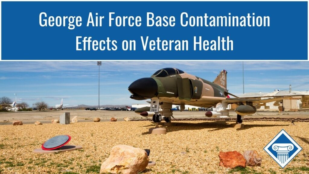 Photo of a F-4C Phantom jet at the former George Air Force Base in Victorville, CA. Article title is across the top: George Air Force Base Contamination Effects on Veteran Health.