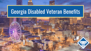 Night time picture of the city of Atlanta, Georgia with article title across the top: Georgia Disabled Veteran Benefits
