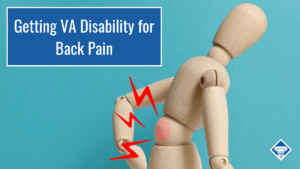 A wooden figure is leaned over with red lines radiating off its back, indicating pain. Over the image is a blue box reading the article title: Getting VA Disability for Back Pain