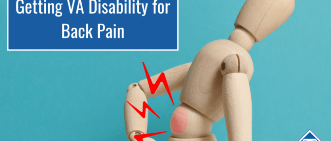 A wooden figure is leaned over with red lines radiating off its back, indicating pain. Over the image is a blue box reading the article title: Getting VA Disability for Back Pain