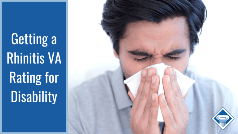 A man is blowing his nose with a tissue. Article title is to the left: Getting a Rhinitis VA Rating for Disability.