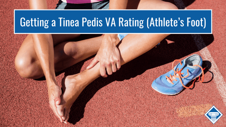 Photo of a woman sitting on a track. She is rubbing her bare foot and there is a tennis shoe next to her. Article title at the top: Getting a Tinea Pedis VA Rating (Athlete's Foot)