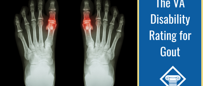 An image of an Xray of feet with inflammation in the joints. Over the image is a blue box reading the article title: the VA disability rating for gout.