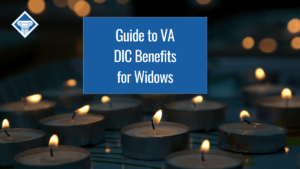 Photo of lit tea candles on a dark background with article title in the middle: Guide to VA DIC Benefits for Widows.
