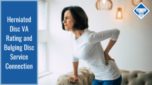 Woman wearing a long sleeve white shirt bends over with a grimacing look on her face and her hand on her lower back. Article title to the left: Herniated Disc VA Rating and Bulging Disc Service Connection