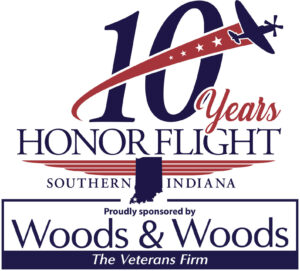 10 years of Honor Flights for Southern Indiana logo and below it says Proudly sponsored by Woods & Woods The Veterans Firm