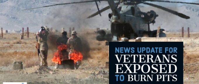 Military personnel burn latrine waste at MCAS Kandahar with a CH-53 in the background. Article title: News Update for Veterans Exposed to Burn Pits is in the bottom right. Woods and Woods logo is in the bottom left.